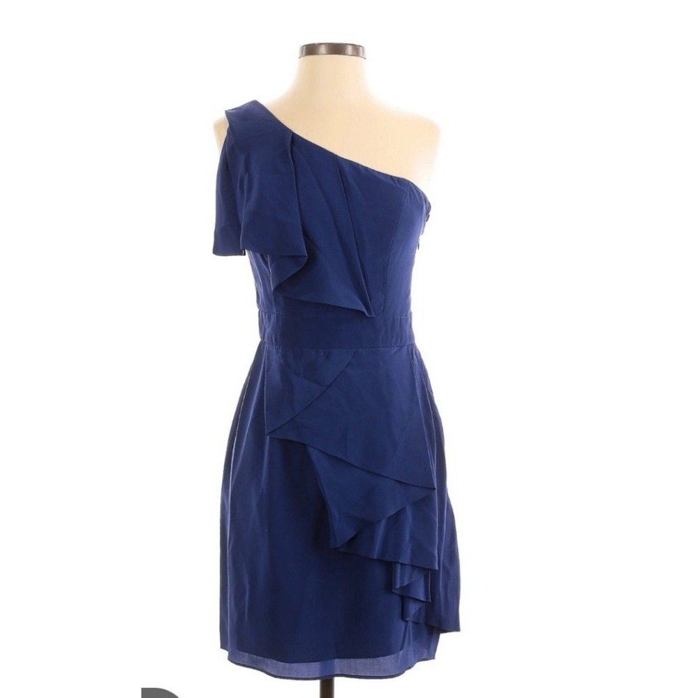 Shoshanna Navy Blue 100% Silk One Shoulder Ruffle Cocktail Dress 0 Minimalist